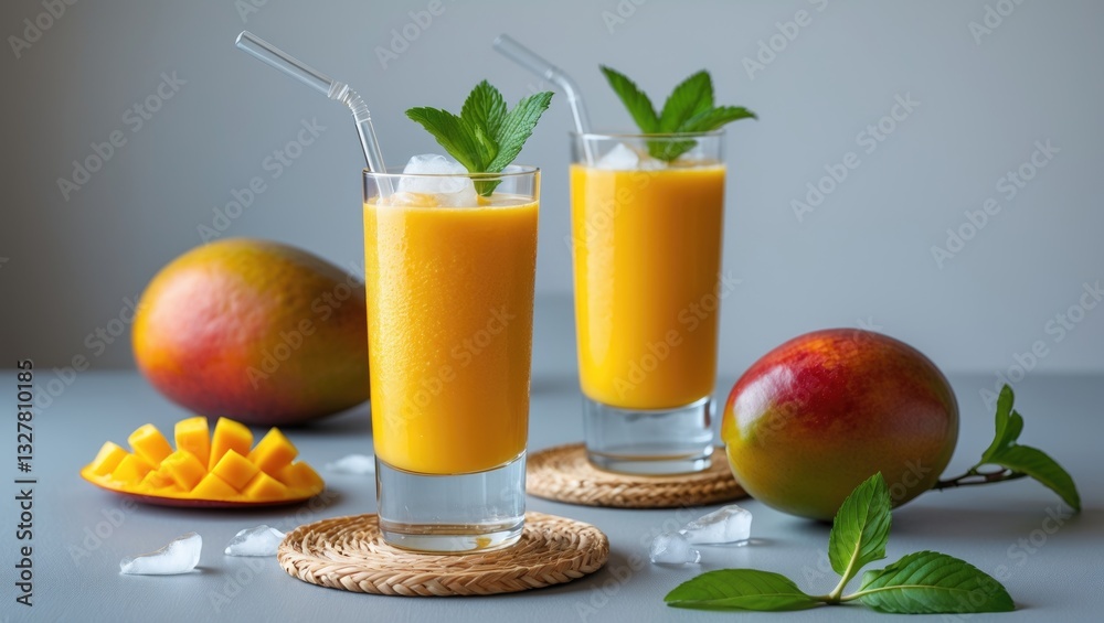 Poster fresh beautiful delicious mango juice. close-up design concept of cold smoothie drink in a glass cup