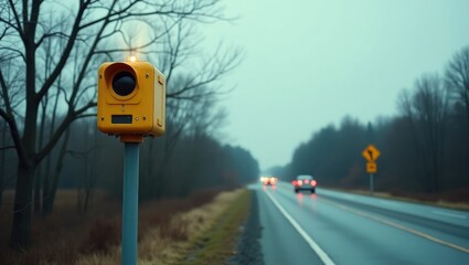 A radar-equipped speed camera observes traffic on a road, lighting up a yellow signal when it detects a vehicle over the speed limit, employing technology to recognize the car.