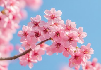 Fototapeta premium Beautiful cherry blossoms in full bloom against a clear blue sky, showcasing delicate pink petals and vibrant pink stamen capturing the essence of springtime joy