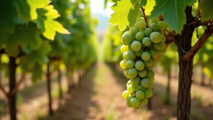 Fototapeta premium A tranquil image of a cluster of low-hanging green grapes in a vineyard, surrounded by light green grapevine leaves and sunlit soil, representing agricultural abundance.
