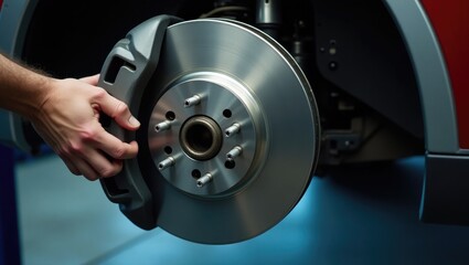Disk brake and car disk brake system maintenance idea - Car disk brake pad replacement service performed by a mechanic's hand in a garage with flare light effect and copy space.