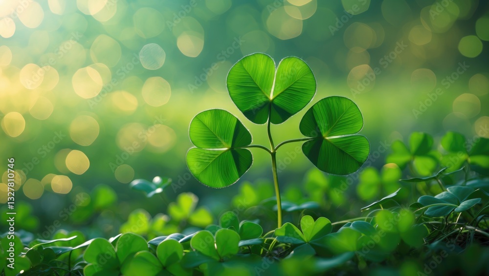 Poster green backdrop with three-leafed shamrocks, lucky clover in the field as a holiday symbol.