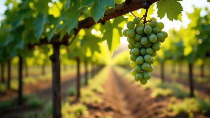 Fototapeta premium A tranquil image of a cluster of low-hanging green grapes in a vineyard, encircled by light green grapevine leaves and sunlit soil, representing agricultural abundance.