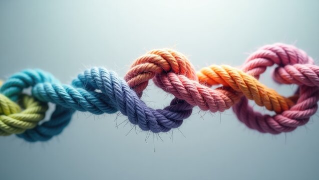 Web connection network represented as a social media networking structure symbol formed by a collection of varied ropes linked by a circular rope icon, acting as a communication technology metaphor...