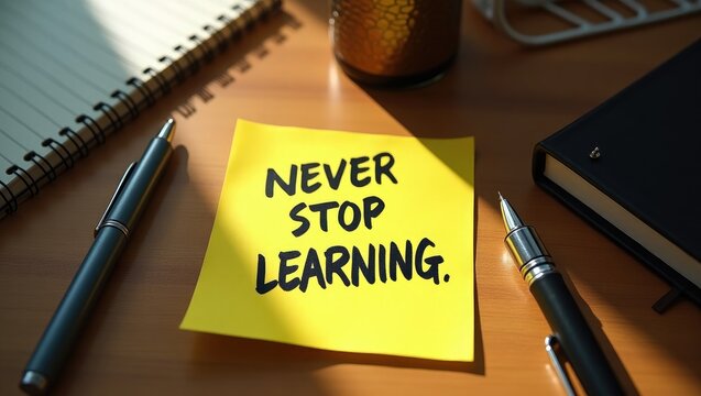 Never stop learning noted on a sticky note. Concept of lifelong learning.
