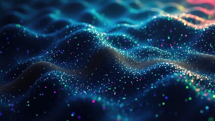 Color glitch overlay. Pixel noise. Signal interference. Transmission error. Abstract background with dark blue, green, and pink grain static distortion artifacts.