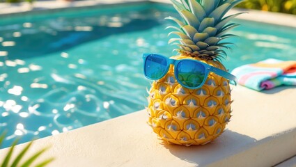 Humorous pineapple wearing sunglasses next to a swimming pool.