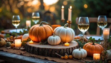 Fall table decoration featuring pumpkins and wine. Outdoor family dinner setup in the garden. Simple handmade layout in countryside style, evoking autumn mood and inspiration.
