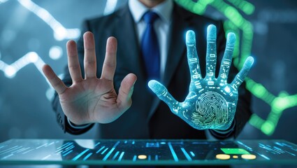 Businessman handprint pressing on control glass for biometric scanning. Concept of surveillance and security through human fingerprints in the future of digital technology.