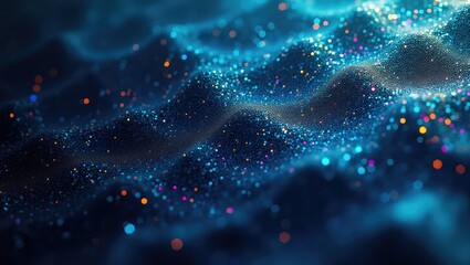 Color glitch overlay. Pixel noise. Signal interference. Transmission error. Abstract background of dark blue, green, and pink grain static distortion artifacts with glittering effects.