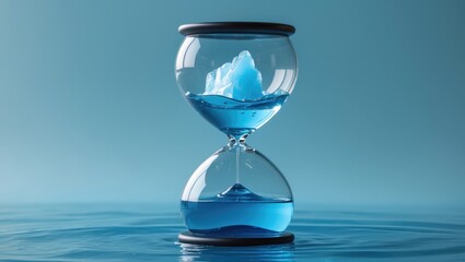 Greenland glacier melting and the concept of global warming. An iceberg melting inside a glass hourglass symbolizes time and the increasing temperature of planet Earth. A creative idea highlighting...
