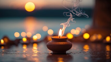 Soul and spirituality abstract theme for mourning and human spirit day featuring warm candle light bokeh illumination, golden sunset sky and reflective river wave backdrop.