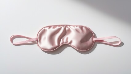 Pink satin eye sleeping mask on a white background. Concept of insomnia and sleeplessness disorders. Close-up, copy space, flat lay. Accessories for women and girls.