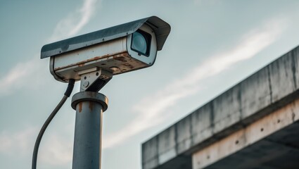 Old outdoor CCTV camera, security systems mounted on a pole with a background of the sky.