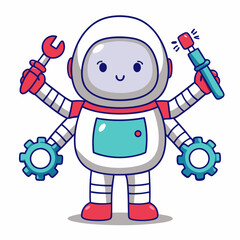 Obraz premium Robot technician repairing tools in a workshop digital illustration fun environment cartoon viewpoint