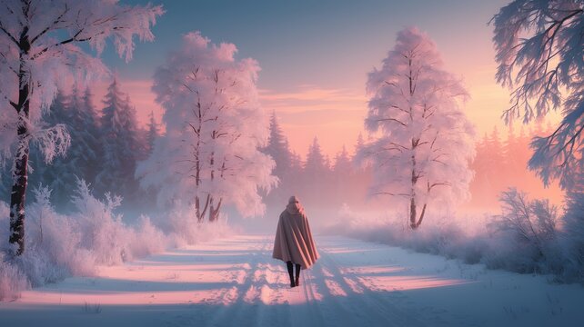 Winter Solitude: A lone figure traverses a snow-laden path, surrounded by frosted trees and bathed in the soft, ethereal glow of a winter sunrise.