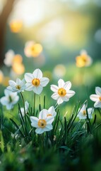 Beautiful close-up view of blooming white daffodil flowers with vibrant yellow centers in a sunlit garden during spring season with soft bokeh background