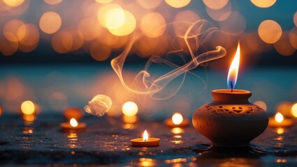 Soul and spirituality abstract idea for mourning and human spirit day featuring warm candlelight bokeh illumination, golden sunset sky, and reflective river wave backdrop.