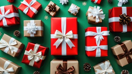Gift boxes with white and brown bows arranged on a green background. Overhead view.