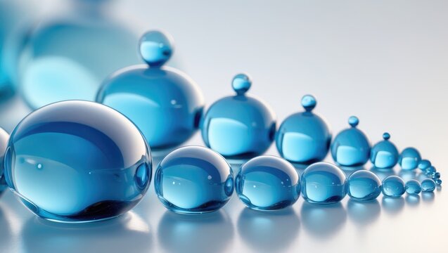Macro capture of blue transparent bubbles of various sizes resting on a white background, representing an abstract skin care cosmetics concept.