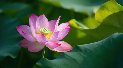 Obraz premium Pink lotus flower on lush green leaf-covered pond with water lilies and green leaves