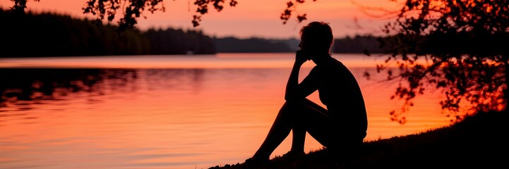 Obraz premium Contemplation at Sunset: Silhouette of a person enjoying the sunset with a serene atmosphere, perfect for evoking feelings of introspection, tranquility, and appreciation for natural beauty.