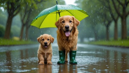Golden retriever puppy and dog in a puddle with an umbrella.