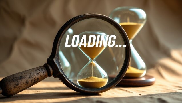 Update concept of loading. The text Loading... appears on an hourglass viewed through a magnifying glass lens against a recycled paper background, in a minimalistic style. Establishing a time limit...