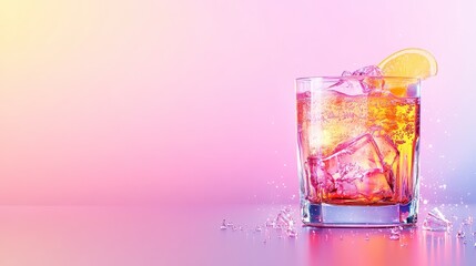 Refreshing cocktail in a glass with ice and a lemon slice, set against a colorful gradient background.