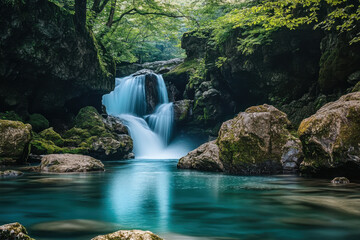 Fototapeta premium artwork captures enchanting and serene qualities of a blue waterfall, highlighting its mesmerizing turquoise or azure colors and contrasting scenery 
