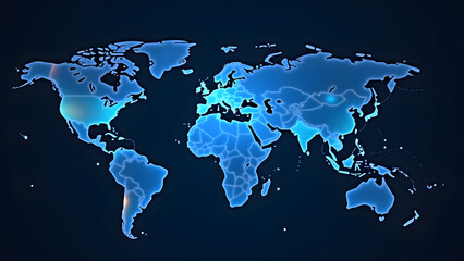 A futuristic digital interface showcasing a world map with glowing blue elements and data analytics. The design emphasizes innovation and the role of data in global business strategies.