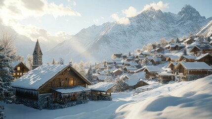 Fototapeta premium Snowy winter village nestled peacefully below vast majestic mountains