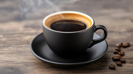 A steaming cup of black coffee on a wooden table with scattered coffee beans in the background