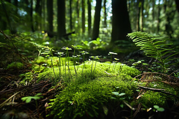 Fototapeta premium A tranquil and verdant atmosphere is formed by thriving moss with its delicate and intricate patterns in shaded understory of a forest 