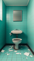 Klares Badezimmer mit T&uuml;rkisfliesen und unordentlichem Boden

