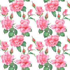 Seamless pattern of watercolor illustrations of pink roses. Hand drawn watercolor illustration of pink roses pattern. Ideas for weddings, birthdays, children's parties.