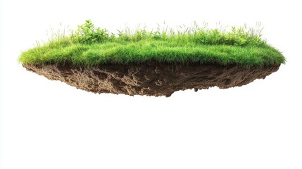 Fototapeta premium A floating patch of lush green grass with soil underneath, set against a white background, creating a surreal, whimsical effect.