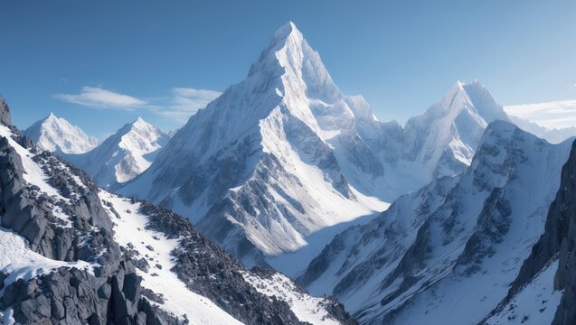 Snowy mountain peaks, towering high-altitude mountains against a blue sky backdrop, close-up view of snow-capped peaks, winter scenery.