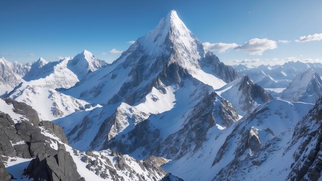 Snowy mountain peaks, towering high-altitude mountains against a blue sky backdrop, close-up view of mountains, snow-capped summit, winter scenery.