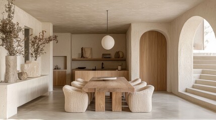 Obraz premium Minimalist dining room with boucle chairs and natural wood table, featuring stucco walls, arched doorway, soft lighting, and a serene modern vibe