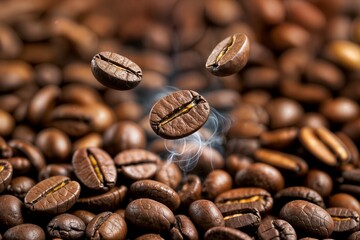 Fototapeta premium a close-up of coffee beans, with several of them appearing to be suspended in mid-air un primer plano de granos de café, varios de los cuales parecen suspendidos en el aire kahve