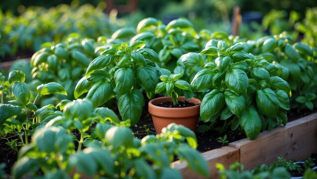Genovese Basil plants thriving in a raised bed garden. Well-known for its culinary applications, especially in pesto, the classic sauce.