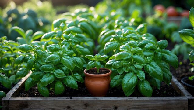 Genovese Basil plants thriving in a raised bed garden. Known for culinary applications, especially in pesto, the classic sauce.