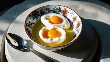 Half-boiled organic eggs, a popular and nutritious breakfast style. Low-key lighting.