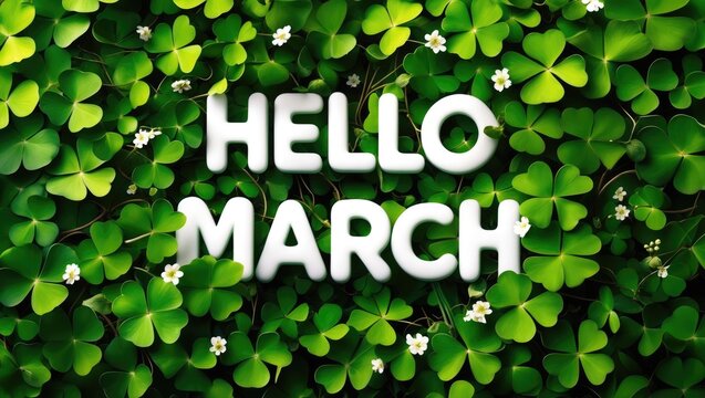 Hello March. Background of green clover leaves.