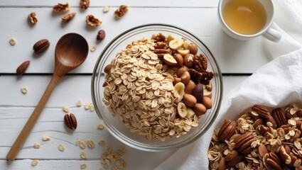 Homemade granola. Cooking step by step. Healthy and tasty breakfast. Step 3. Incorporate chopped nuts into the bowl with oat flakes and honey.