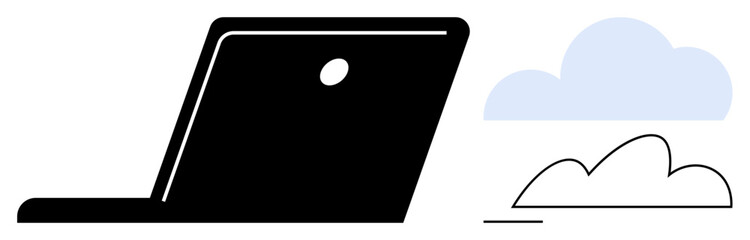 Black silhouette of an open laptop beside a blue and white cloud. Ideal for themes thumbs up technology, cloud computing, online connection, remote work, innovation, data storage, flat simple
