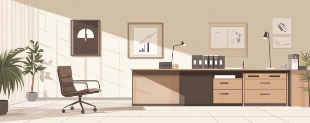 An empty office interior bathed in sunlight during the daytime