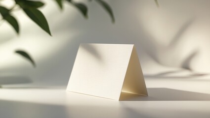 Tent folded white blank name card on simple background with shadows of plant leaves; mockup template for place cards at events and weddings.