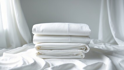 Folded bedding sheets stacked on a white surface.